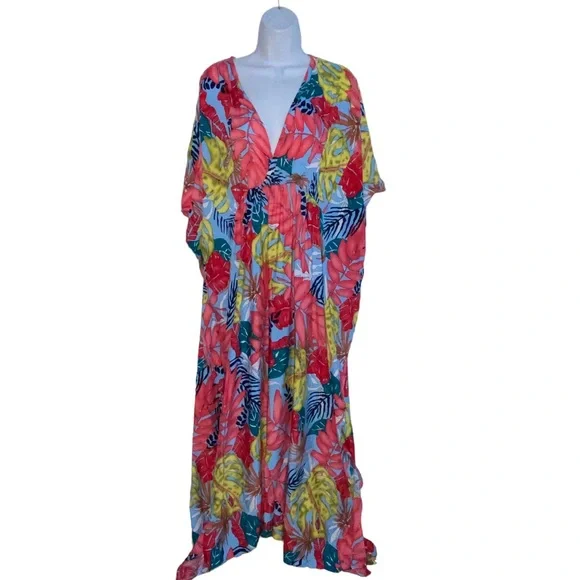 ✨NEW ✨ Boho Maxi Tropical Floral Colorful Caftan Beach Swim Cover Up Dress OS - Picture 4 of 16
